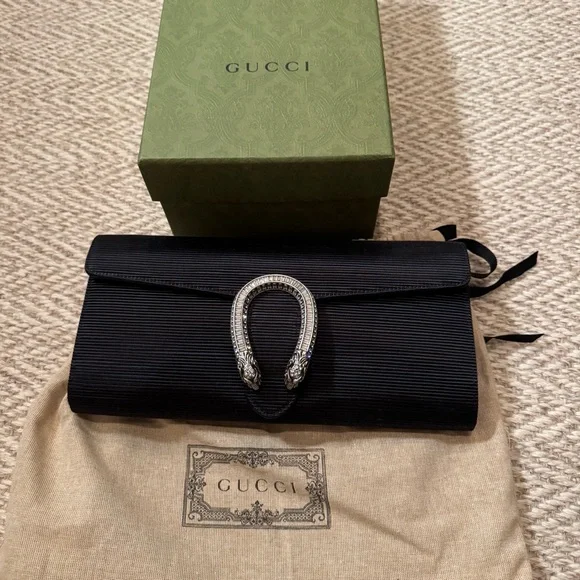 NWOT Gucci Black Dionysus Embellished Textured-Satin Clutch - Picture 7 of 14